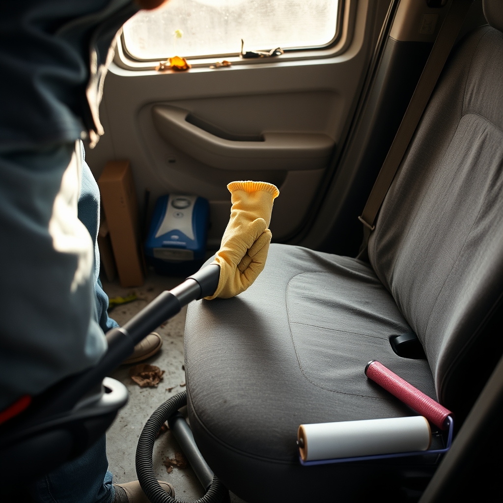 Removing pet hair from a cloth car seat with a rubber glove