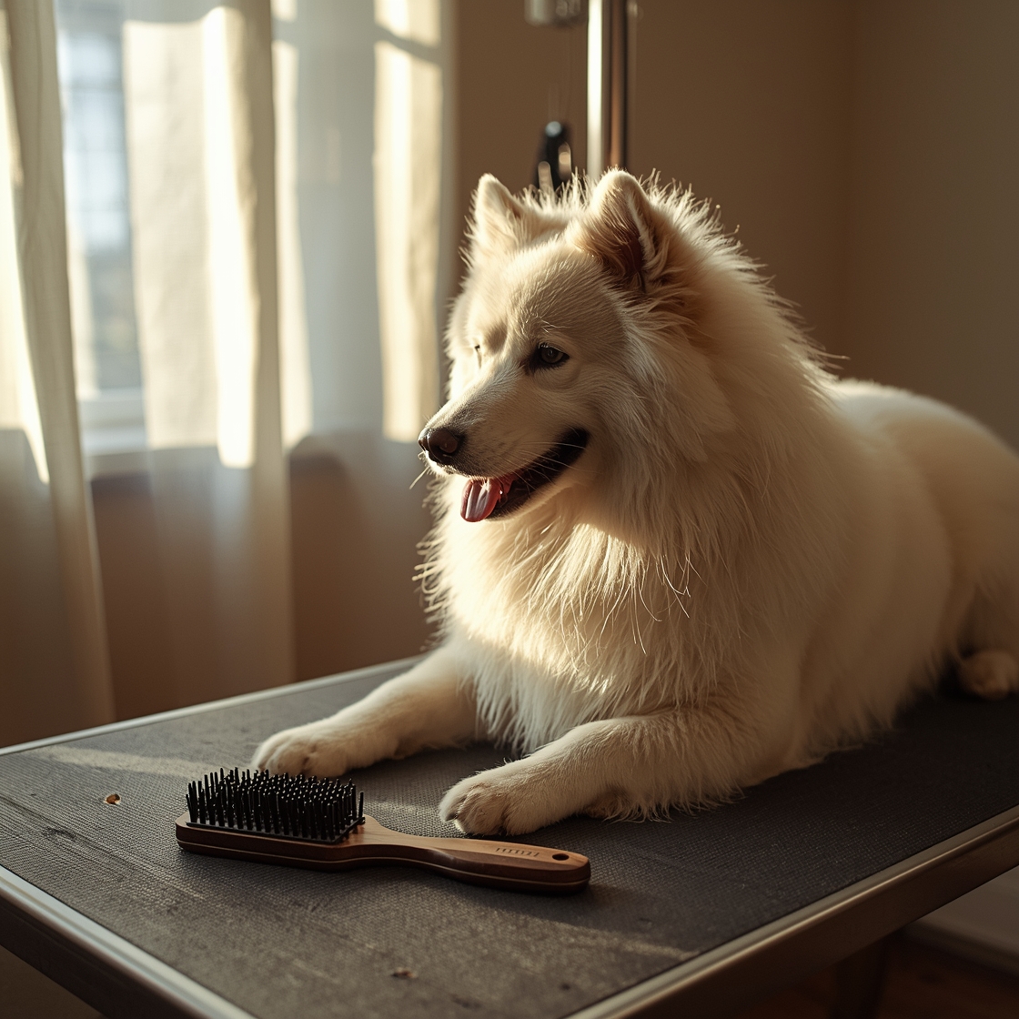 Samoyed on grooming table with brush and comb for pet care