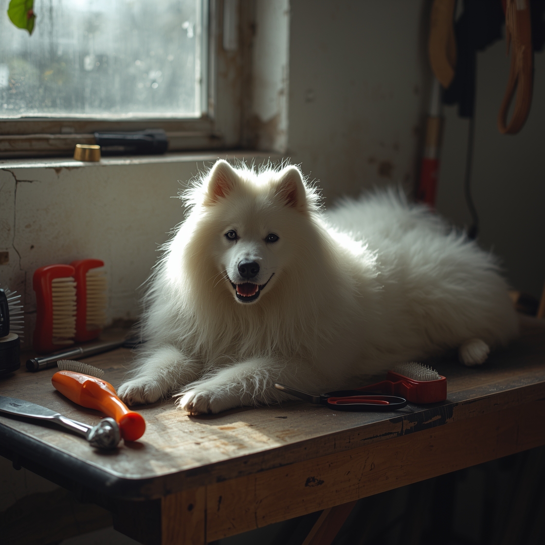 A Samoyed lies on a wooden grooming table surrounded by dog grooming tools
