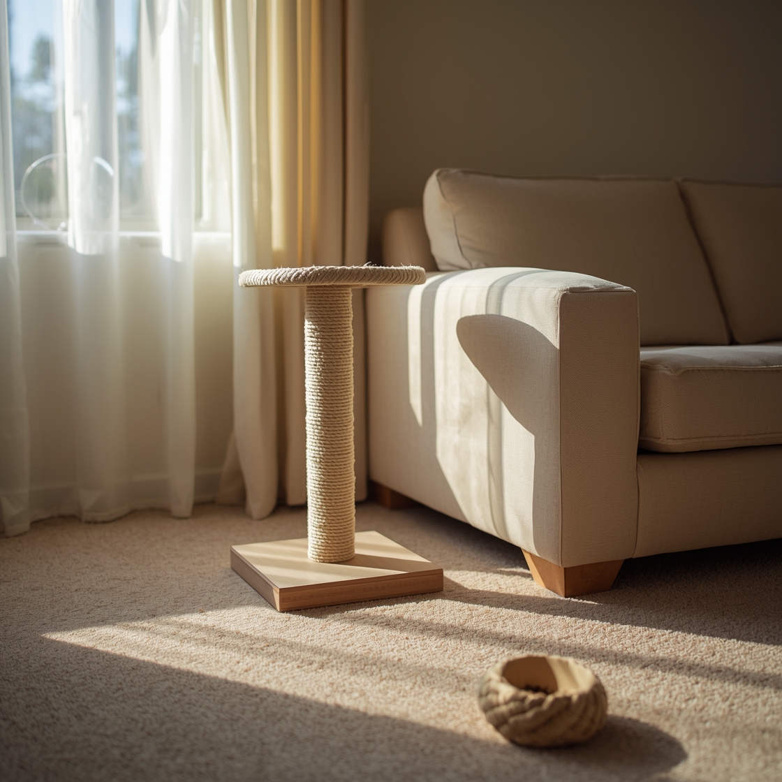 Cat scratching post beside a sofa on a carpeted floor
