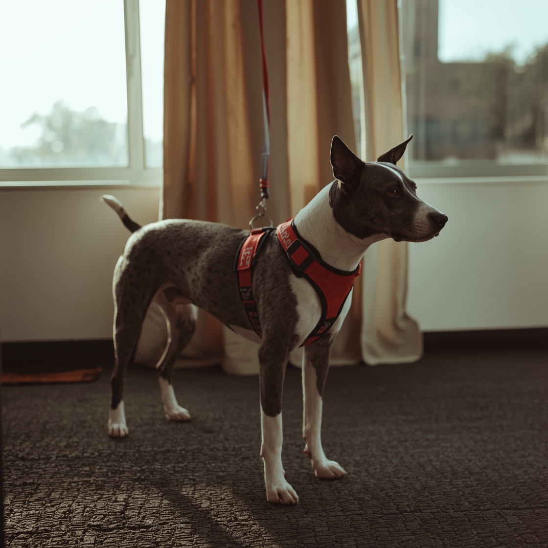 Dog in a red harness standing on a trail beside a runner