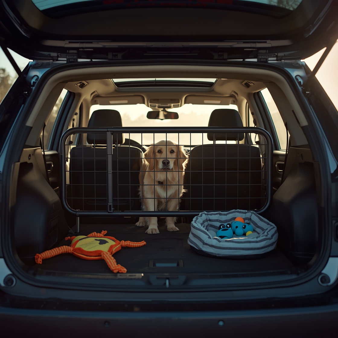 Dog car barrier in SUV separating pet from rear seats