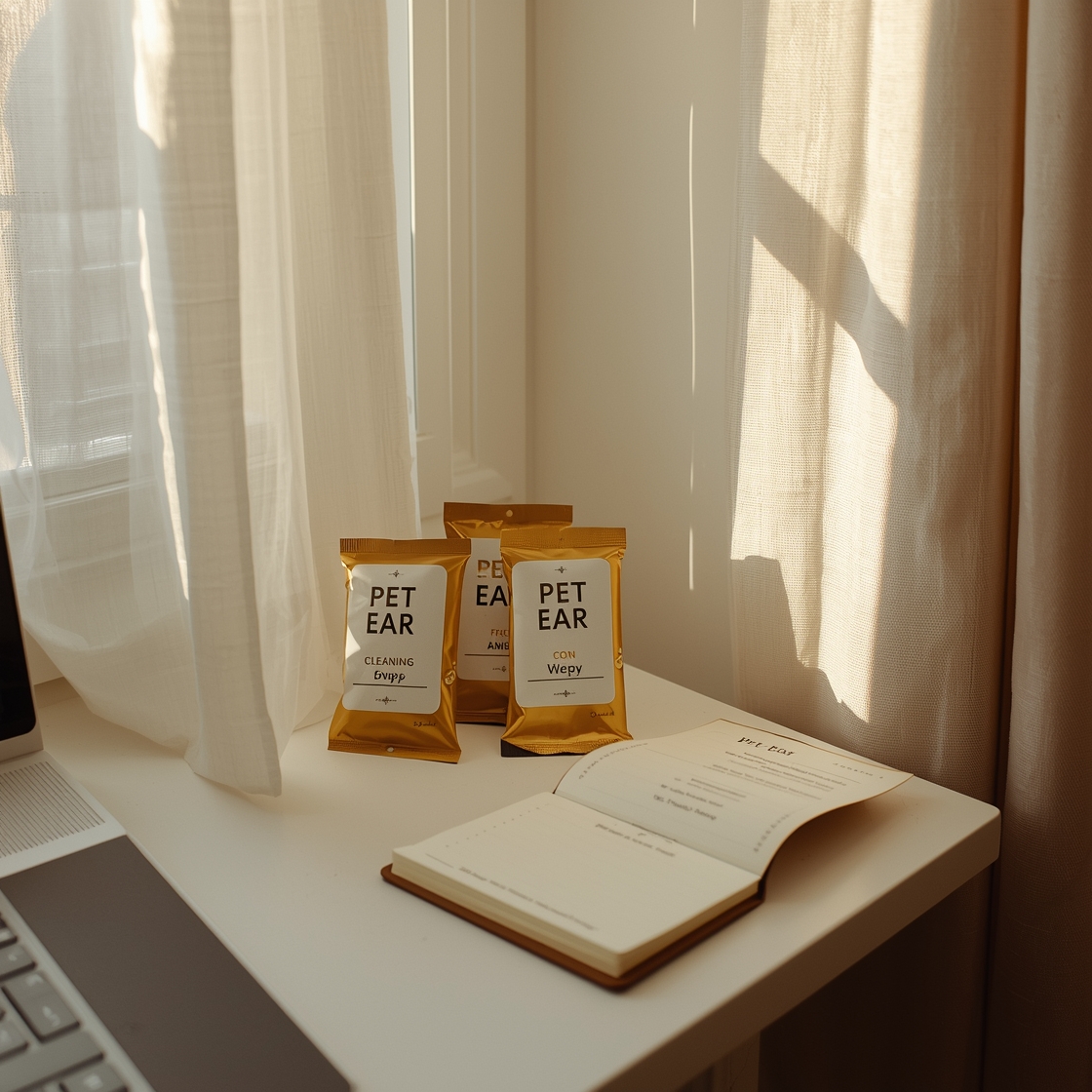 Workspace with pet ear cleaning wipes and pros cons notes