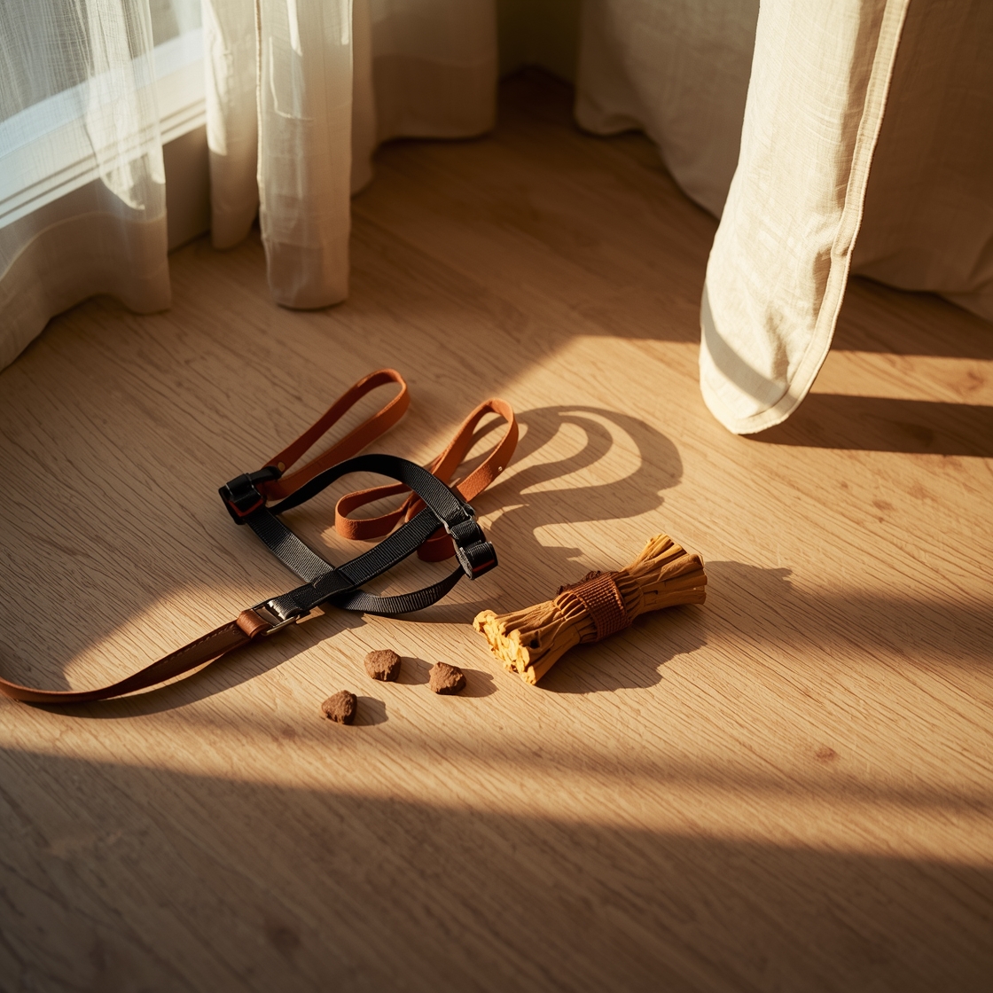 A dog harness and leash on a wooden floor with dog treats