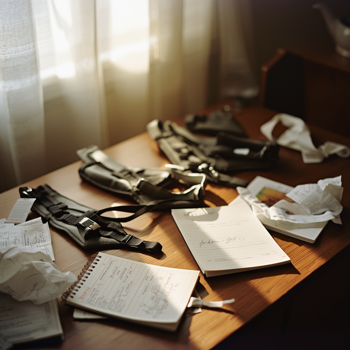Dog harnesses and pricing information on a cluttered desk