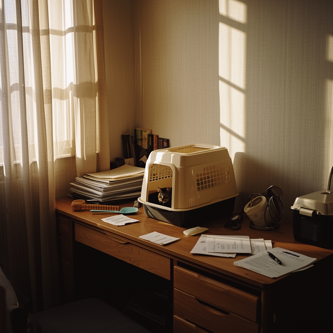 A cluttered home office with cat litter box furniture on desk