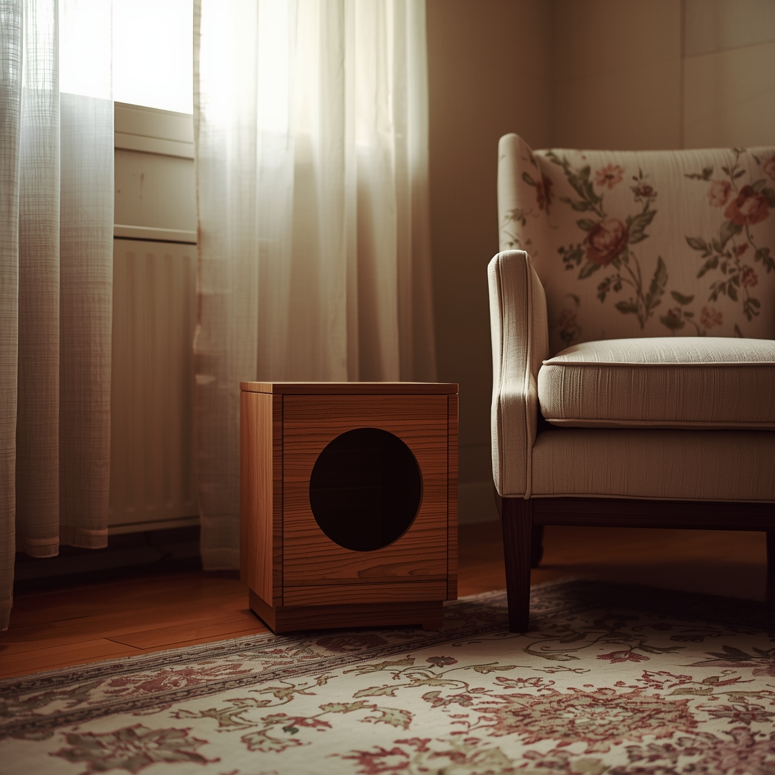 A stylish wooden cat litter box enclosure in a home setting
