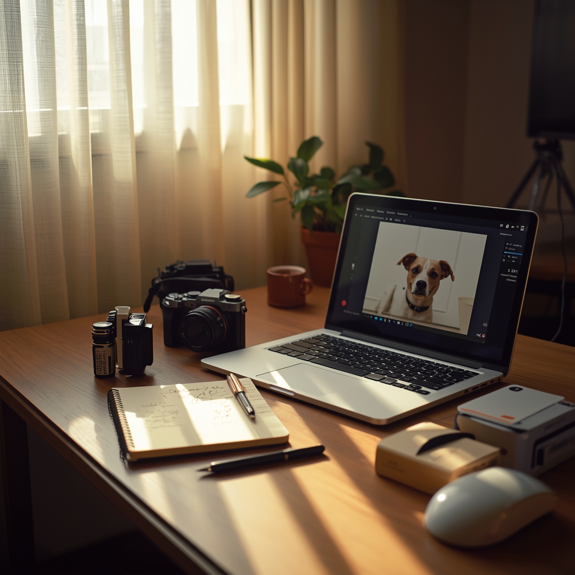 Home office desk with pet camera equipment and notes