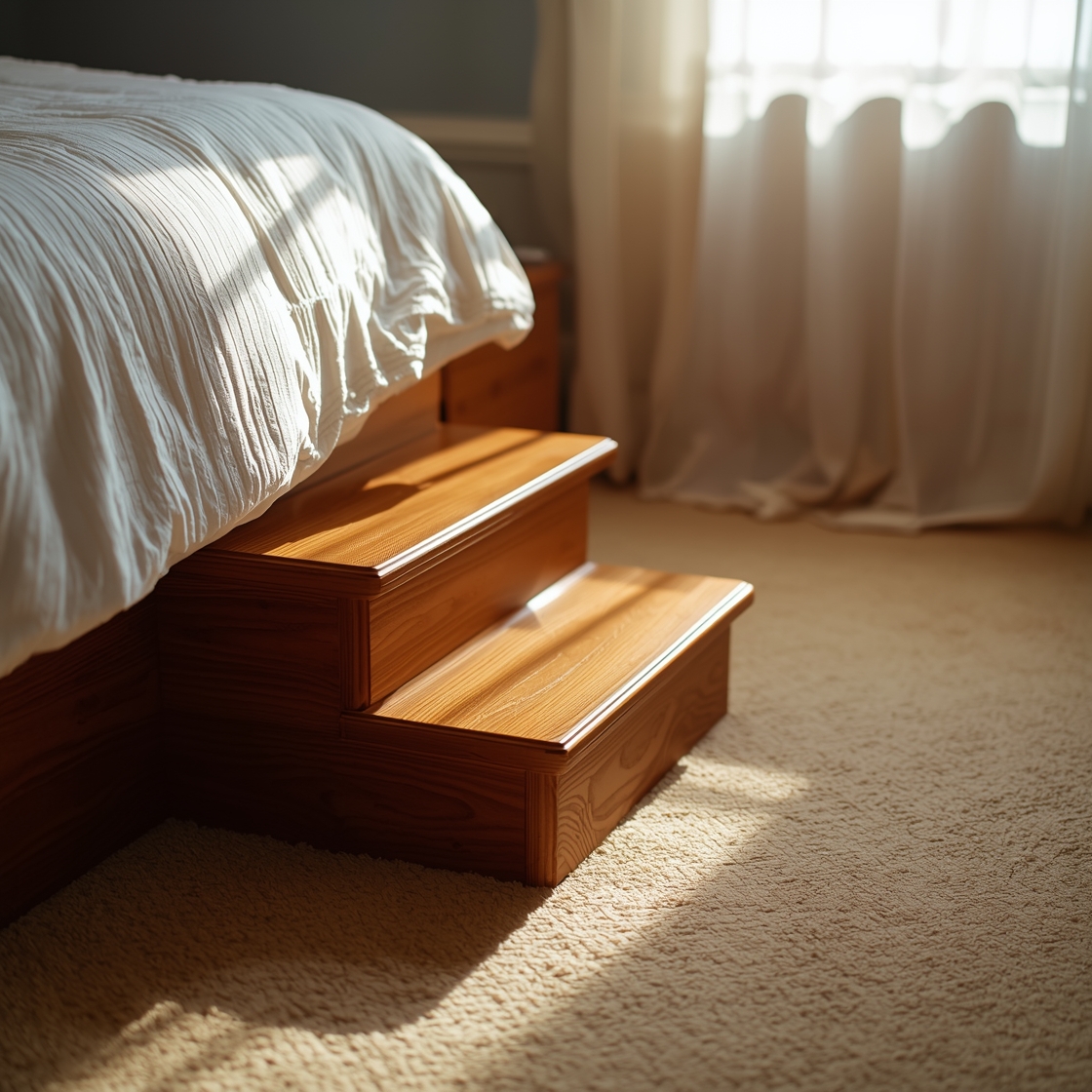 Dog stairs for high beds on a carpeted floor beside a bed