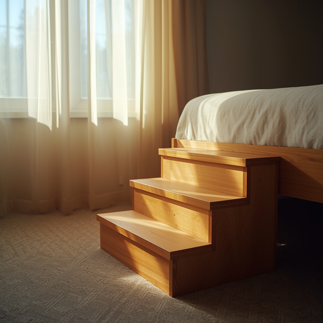 Dog stair beside high bed on beige carpet