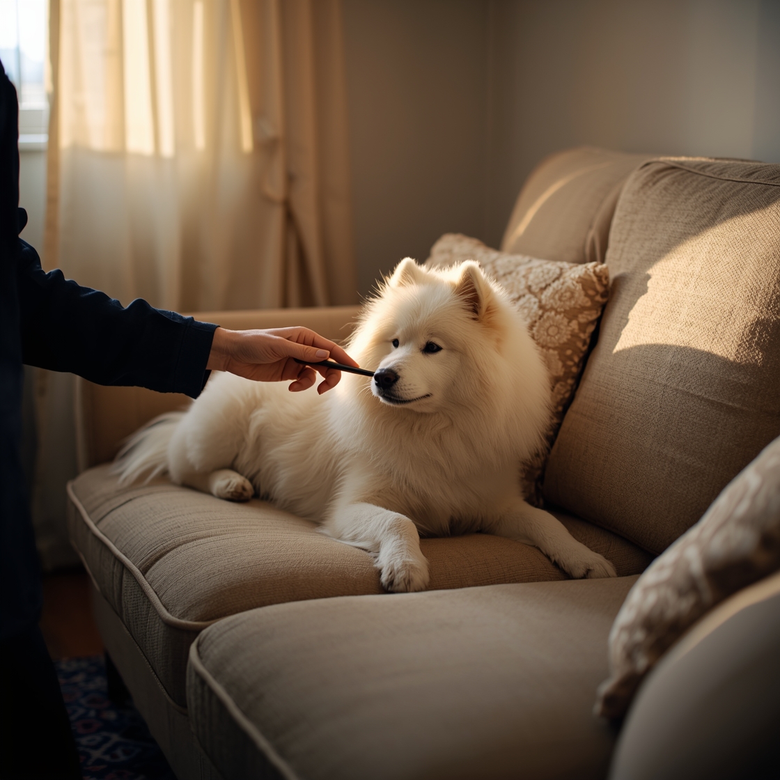 A fluffy white Samoyed being gently brushed on a couch