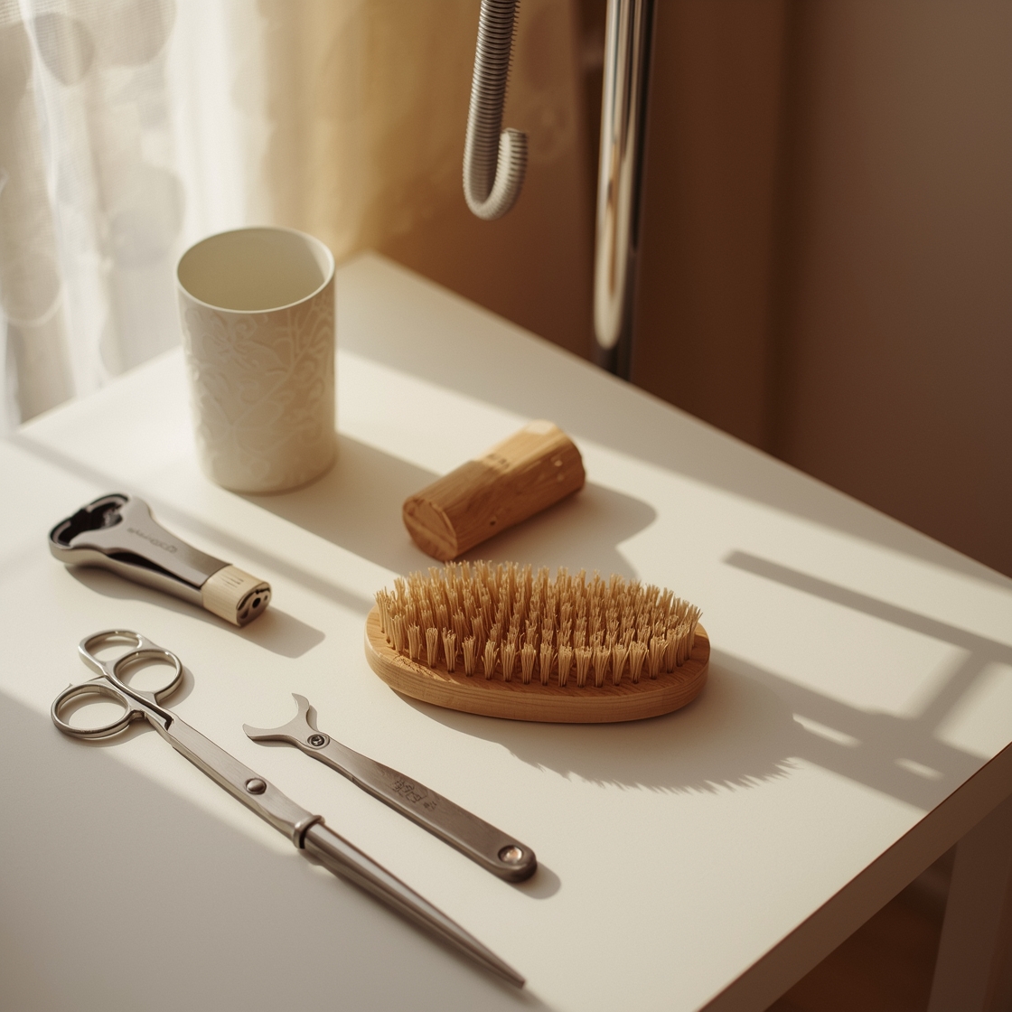 Pet grooming tools arranged on a clean wooden table