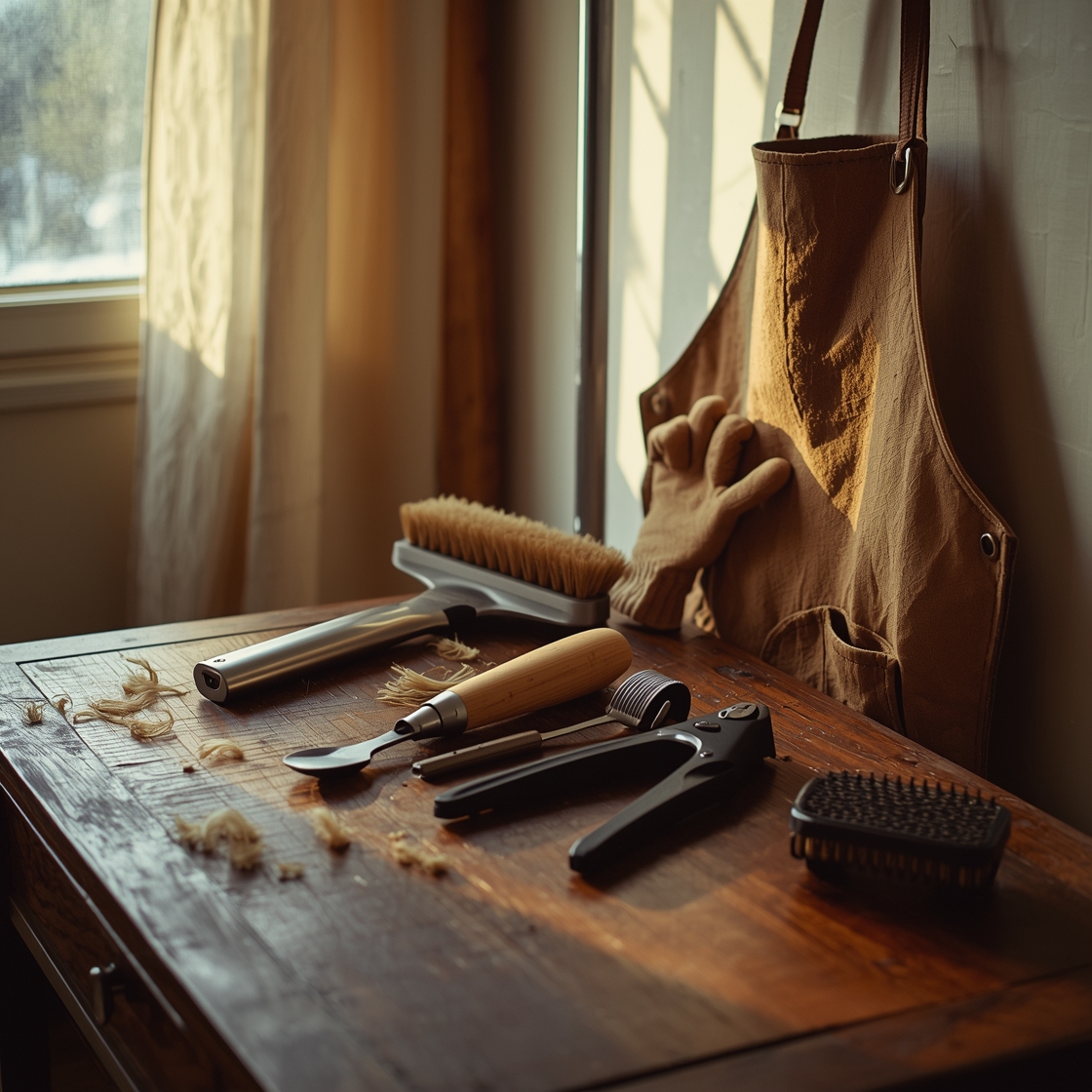 Top pet grooming tools arranged on a clean workbench
