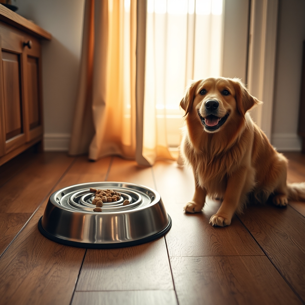 Stainless steel slow feeder dog bowl on wooden kitchen floor beside eager golden retriever