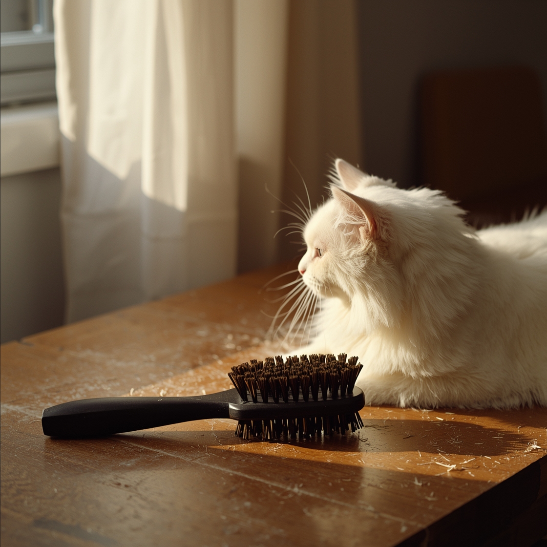 Pet shedding brush on wooden table beside fluffy white cat