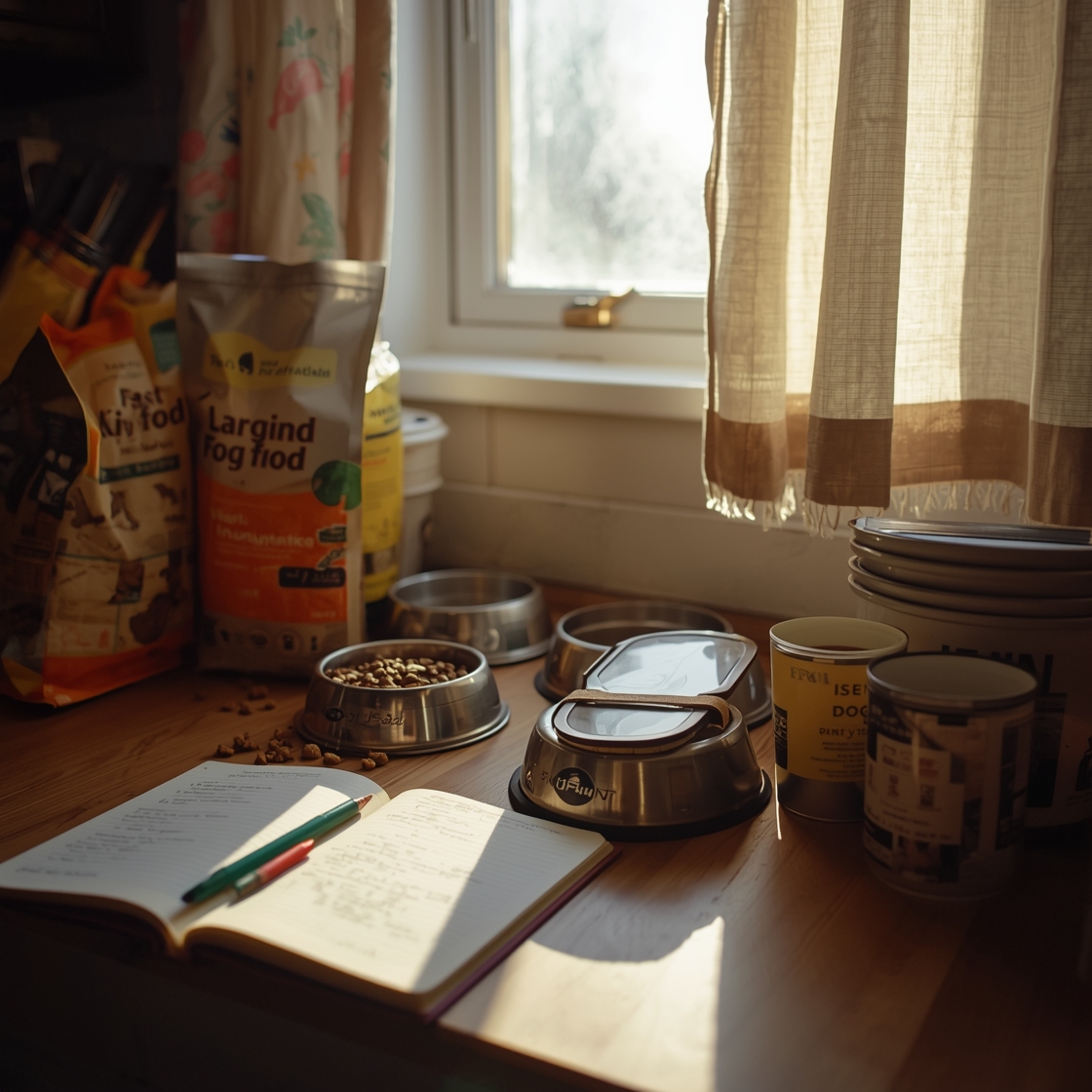 A cluttered kitchen counter with dog food and notes