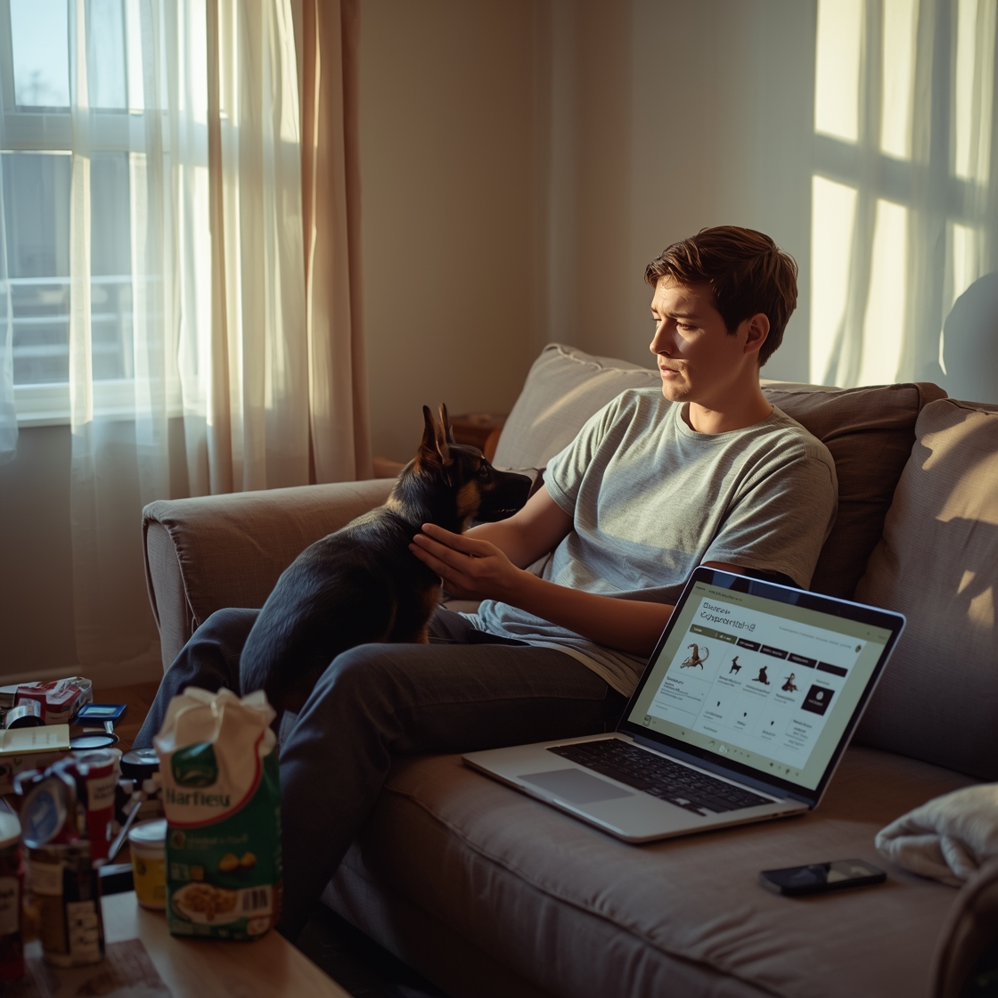 Concerned dog owner researching best dry food for puppy