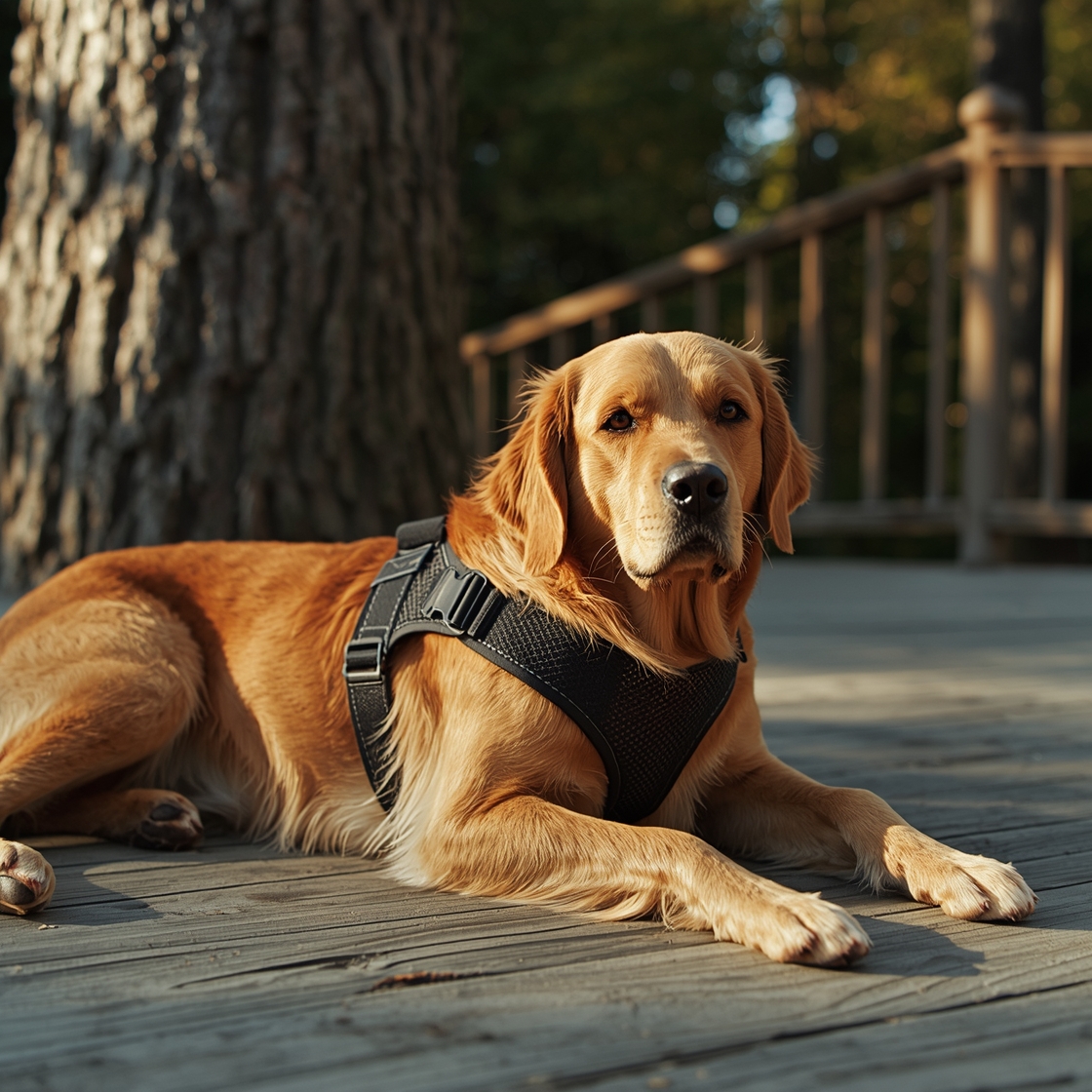 No-pull dog harness for large dogs on wooden deck
