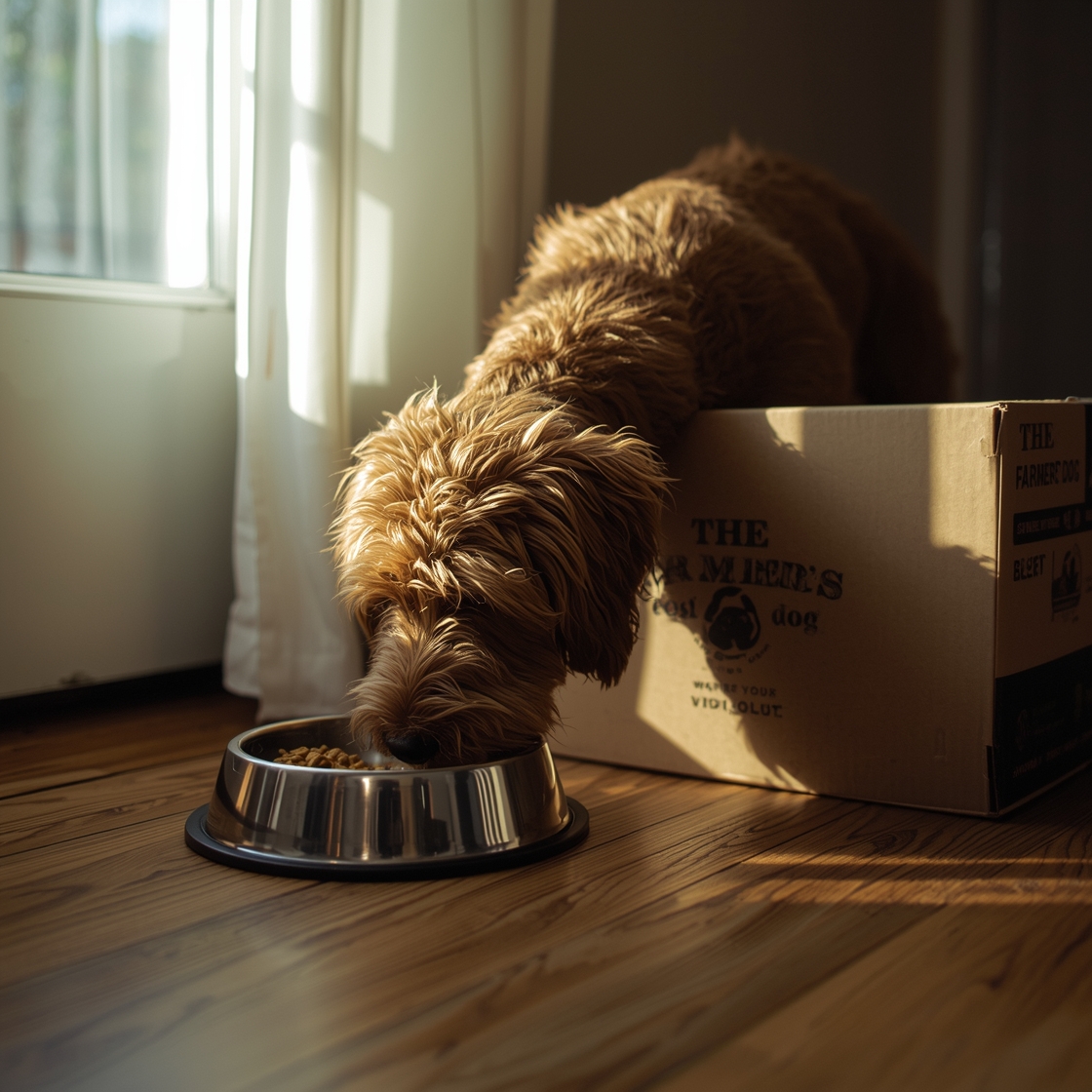 A dog eating from a bowl next to a Farmer's Dog box