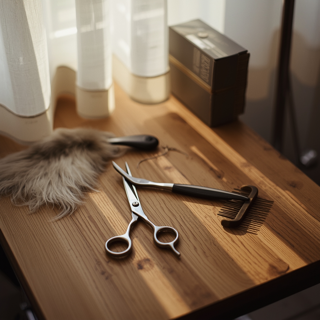 Dog grooming scissors on a wooden table with grooming tools
