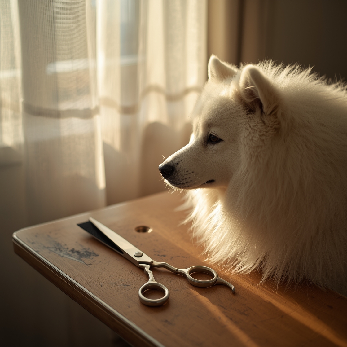 Dog grooming scissors on a wooden table beside a Samoyed