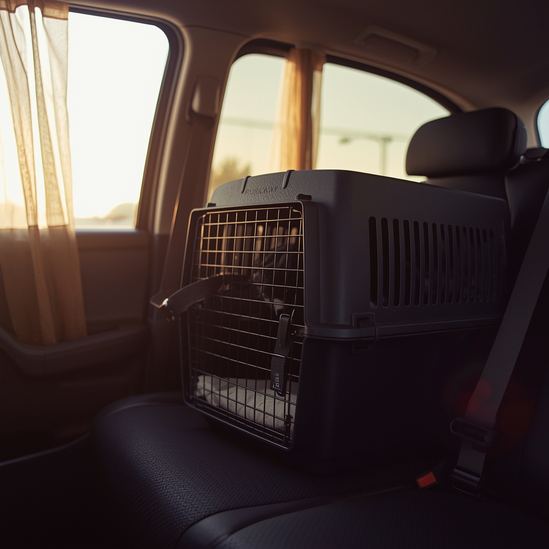 Pet travel crate secured in car back seat for safe transport
