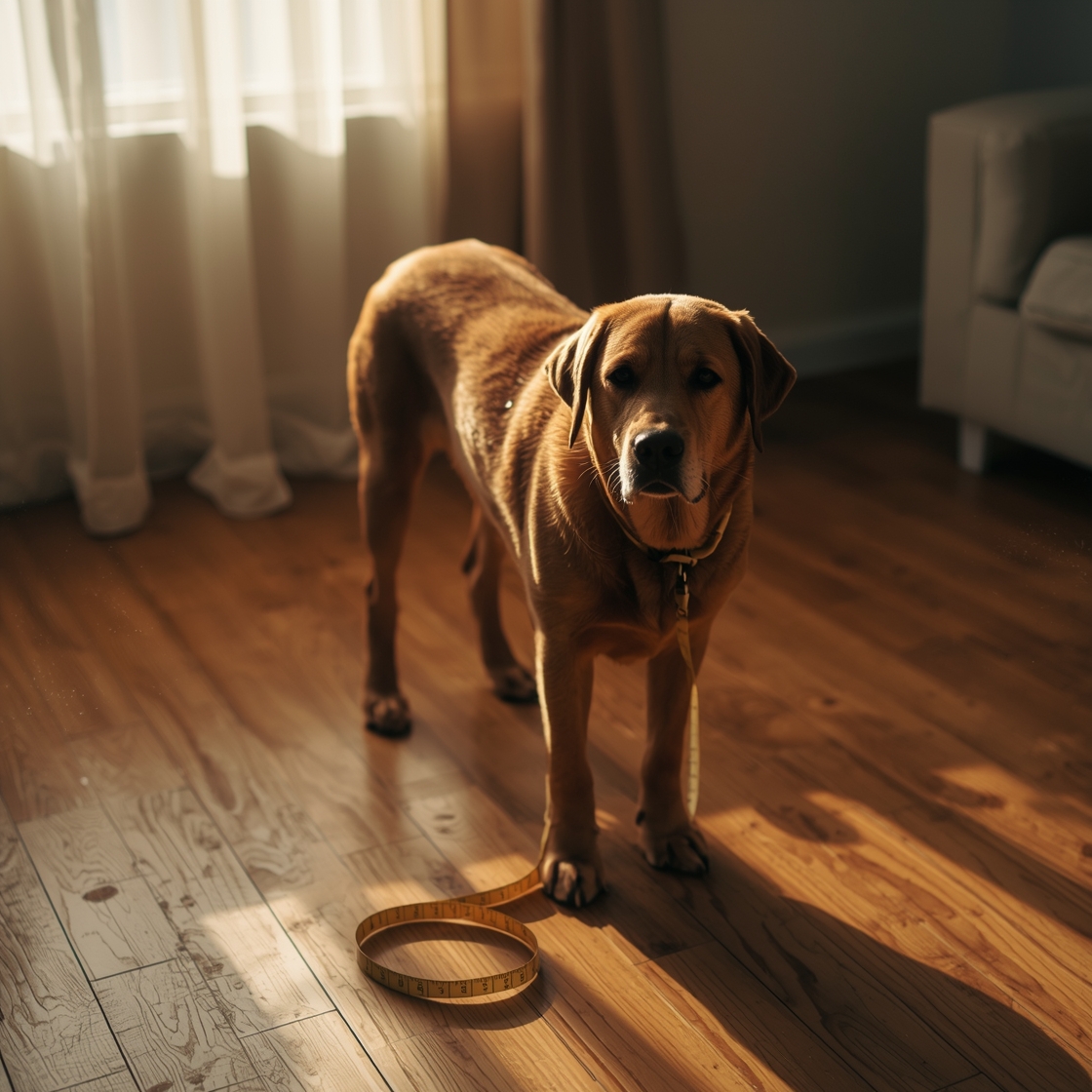 Labrador Retriever next to measuring tape on hardwood floor