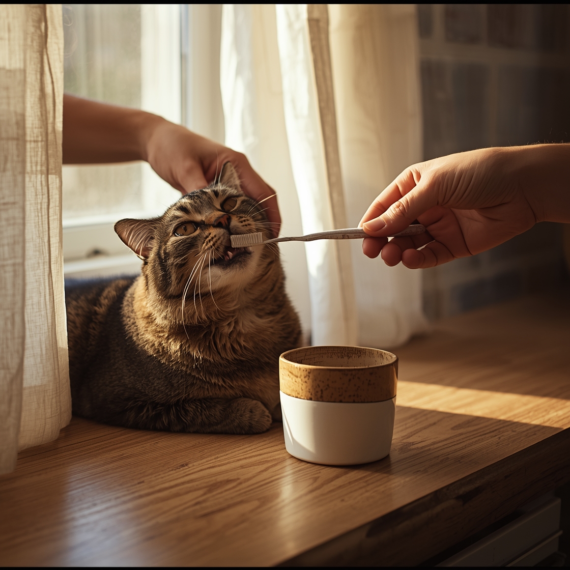 Gently brushing a tabby cat's teeth with a small toothbrush