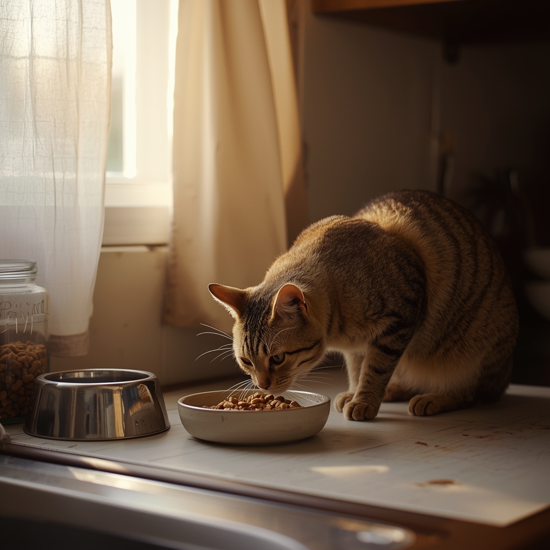 Tabby cat eating dental food from ceramic bowl on kitchen counter