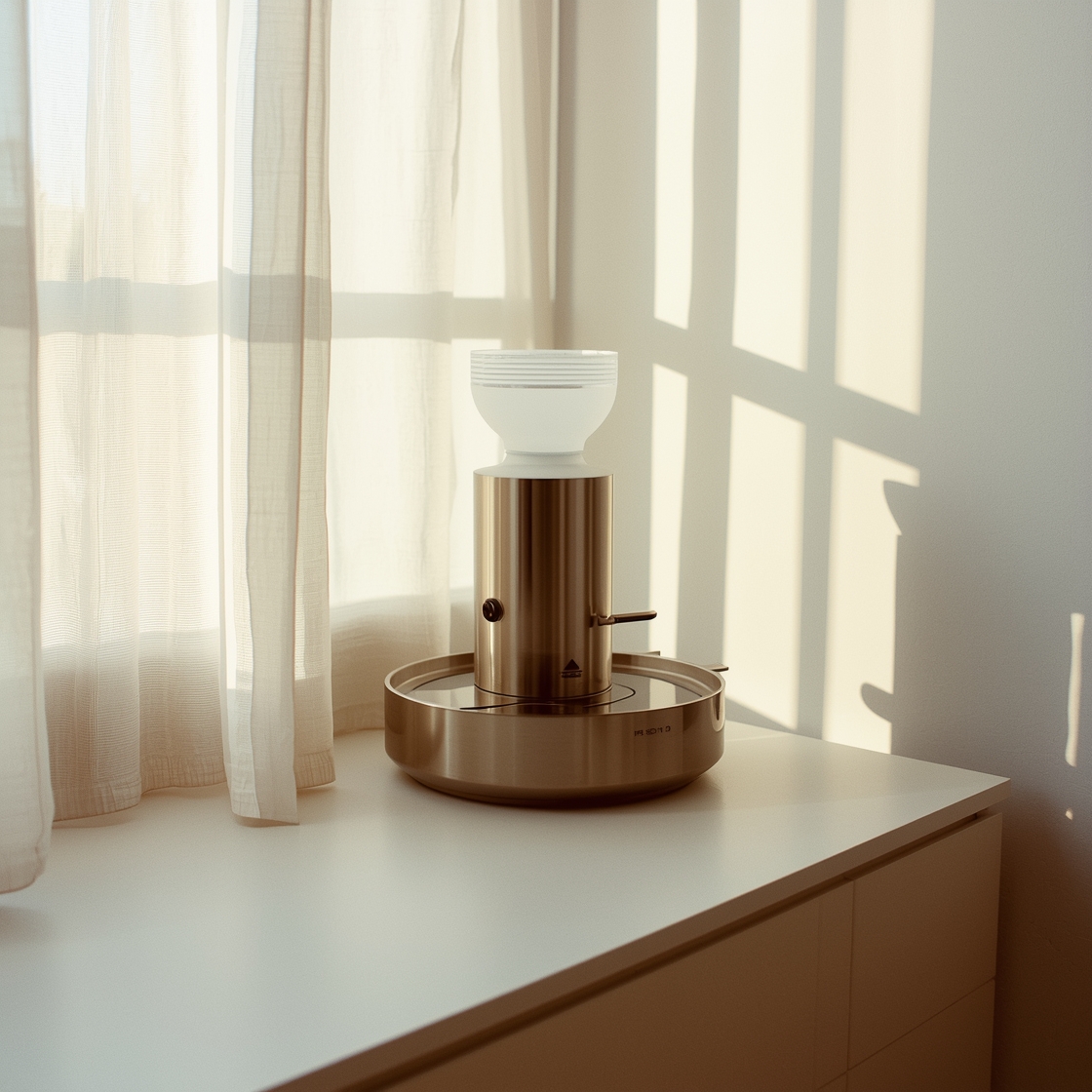 Stainless steel cat water fountain with filter on countertop