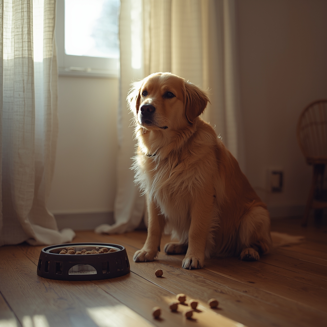 A fluffy golden retriever sitting on a rustic wooden floor