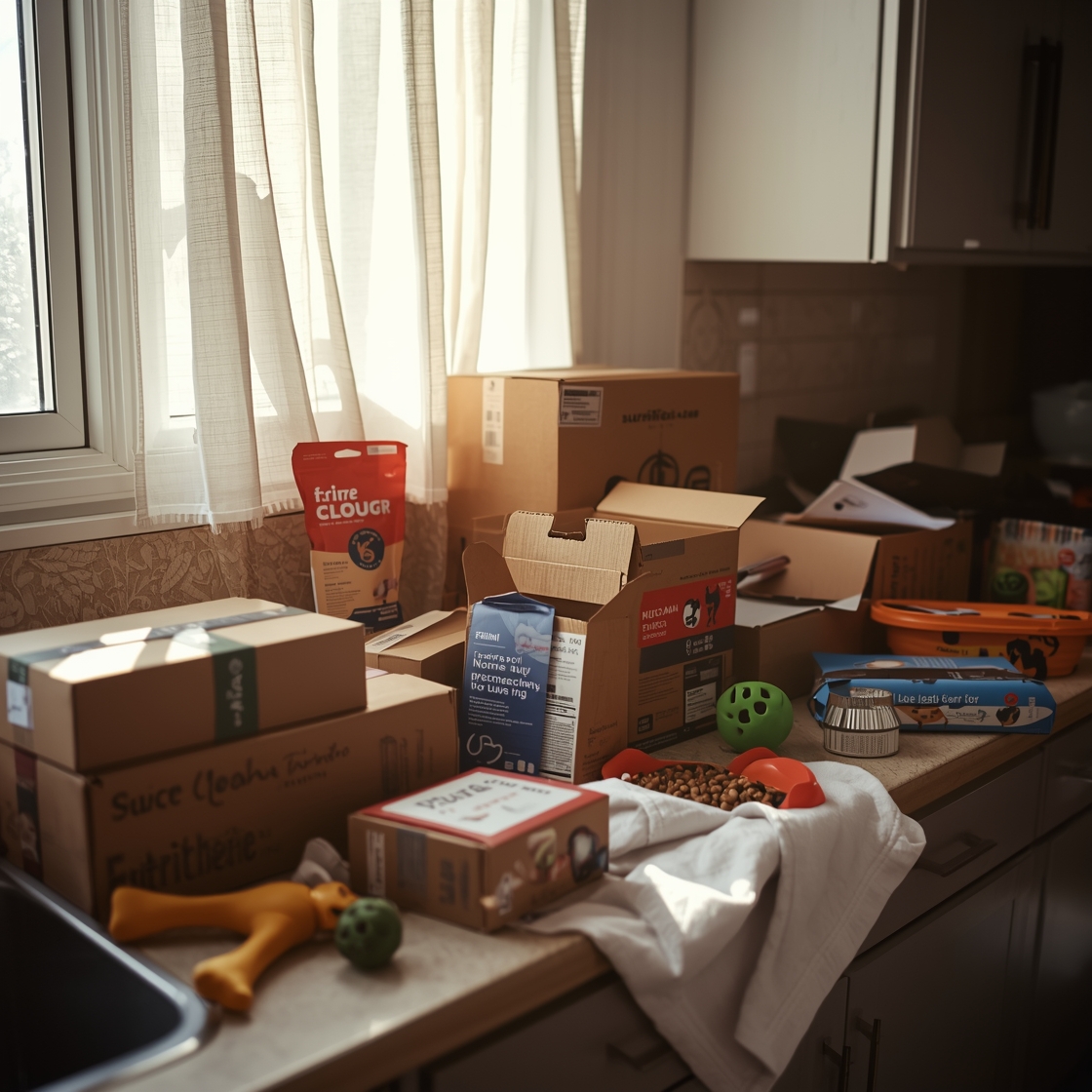 dog food subscription boxes on kitchen countertop, various brands