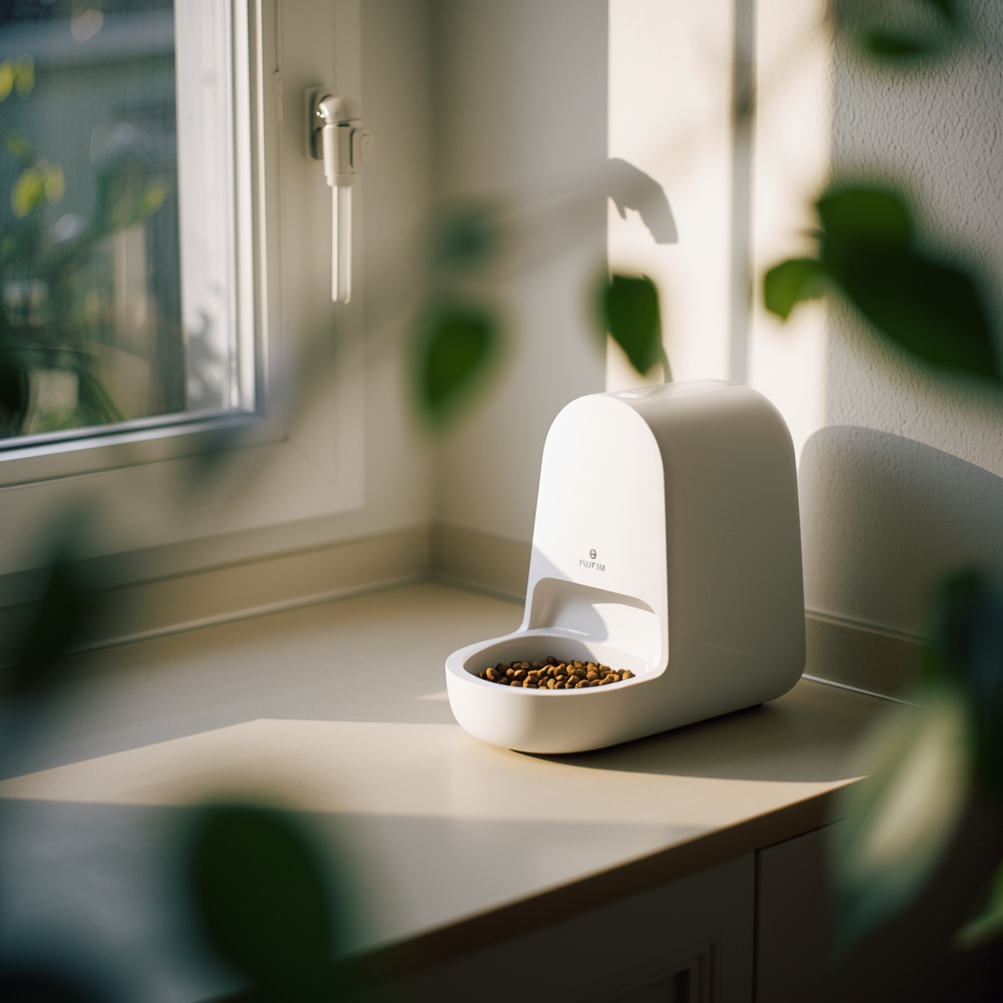 Automatic cat feeder for wet food on kitchen countertop