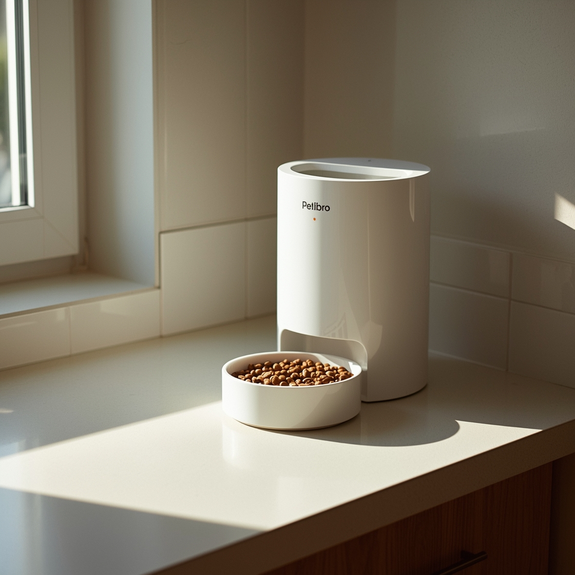 PETLIBRO automatic wet food feeder on kitchen countertop beside cat bowl