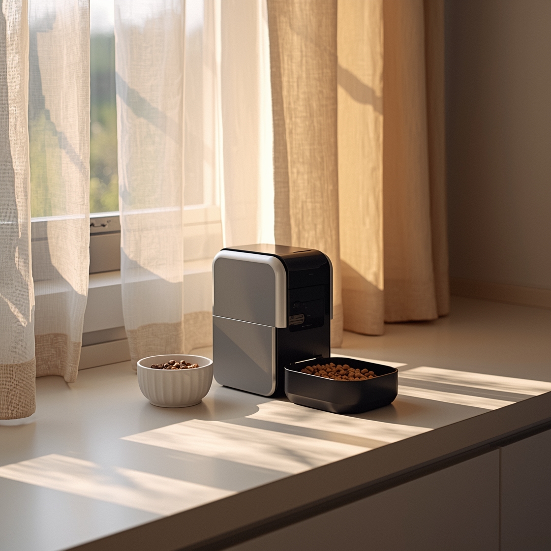 Automatic wet food feeder on kitchen countertop beside cat bowl