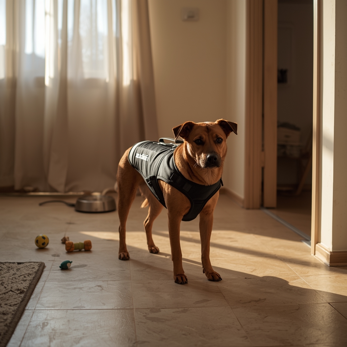 A Corgi mix dog wearing a black Dogzstuff Dog Cooling Vest
