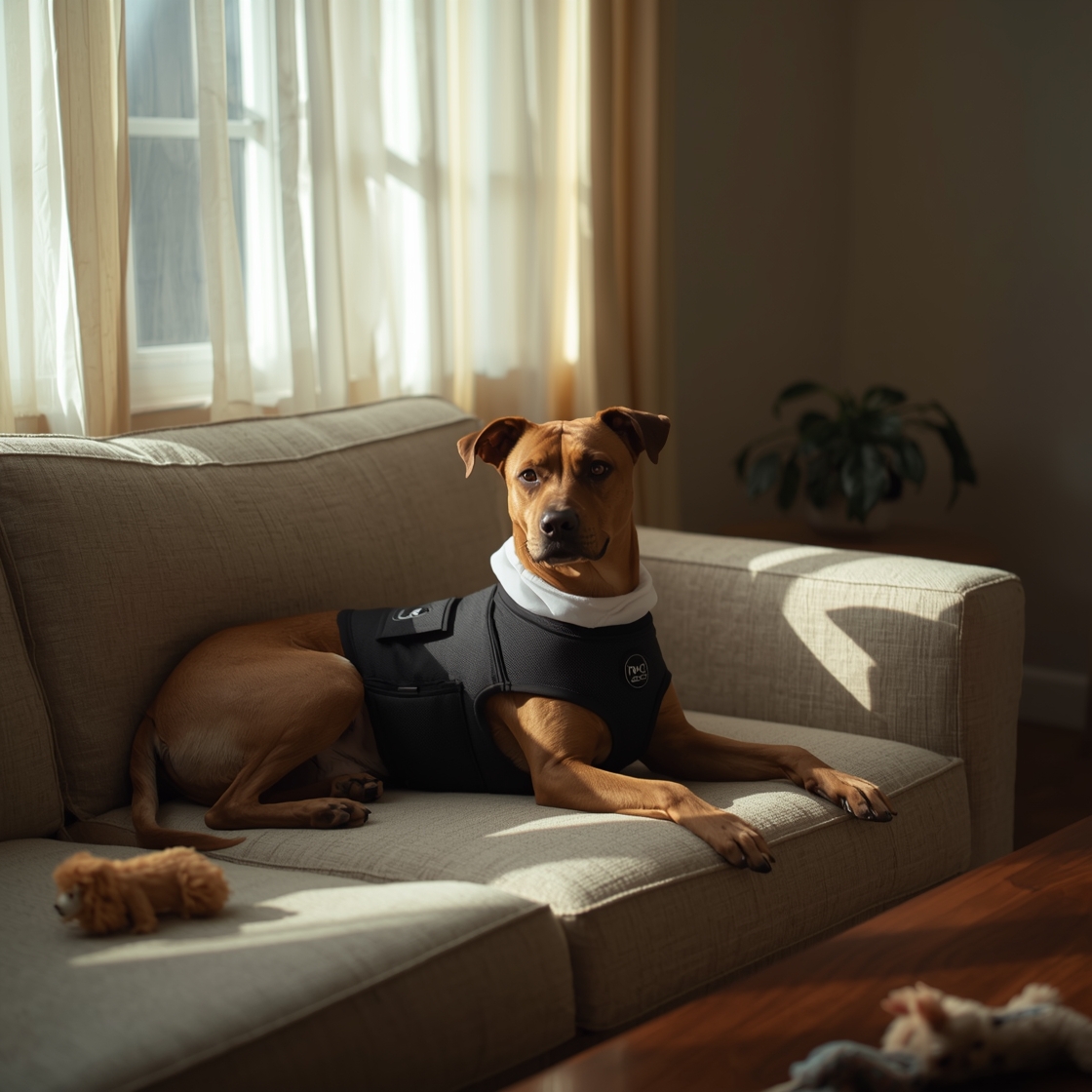 Brown dog wearing CoolerDog cooling vest on beige couch