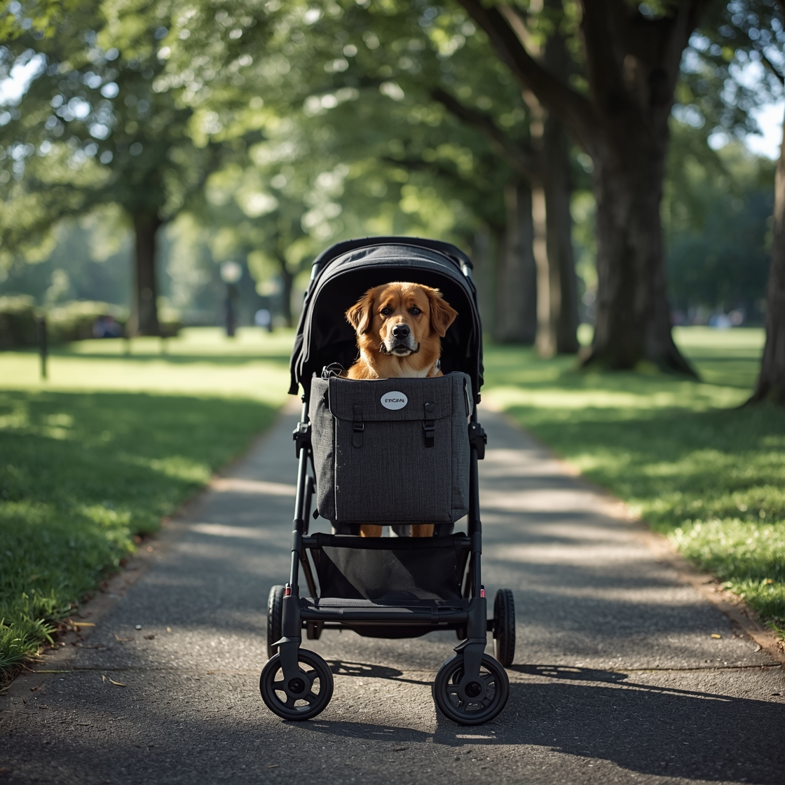 Large breed dog in a sturdy dog stroller on a park path