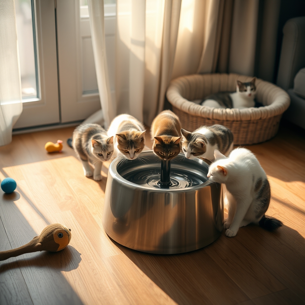 Multiple cats drinking from a stainless steel pet water fountain