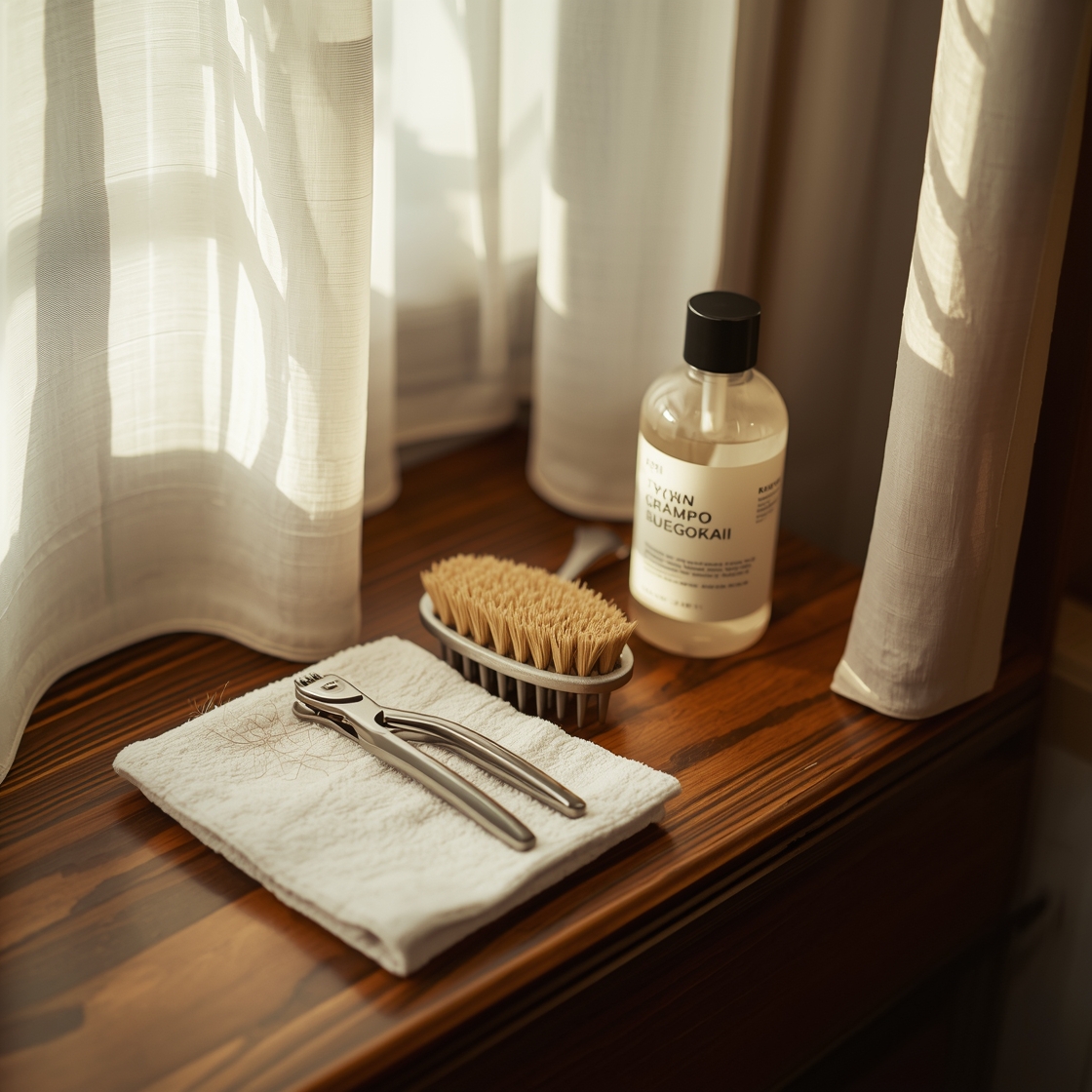 Pet grooming kit with nail clipper and brush on wooden counter