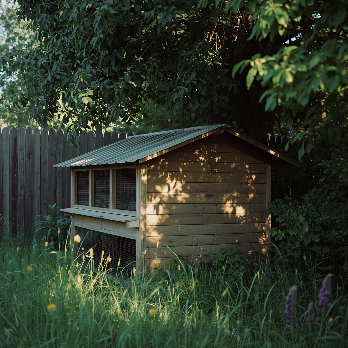 Outdoor rabbit hutch in a backyard with grass and wildflowers
