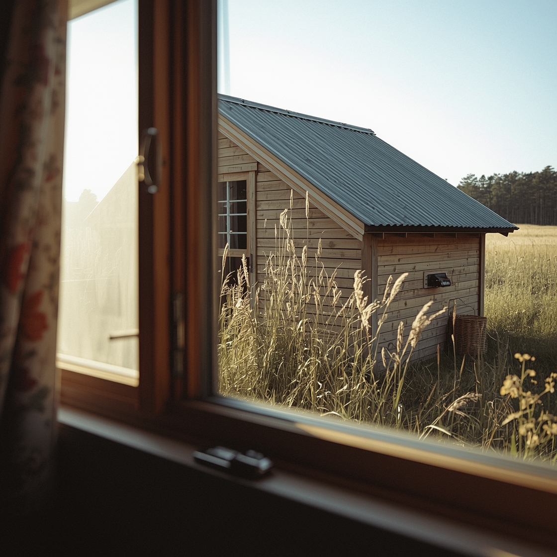 A rustic outdoor rabbit hutch in a sunny meadow with wildflowers