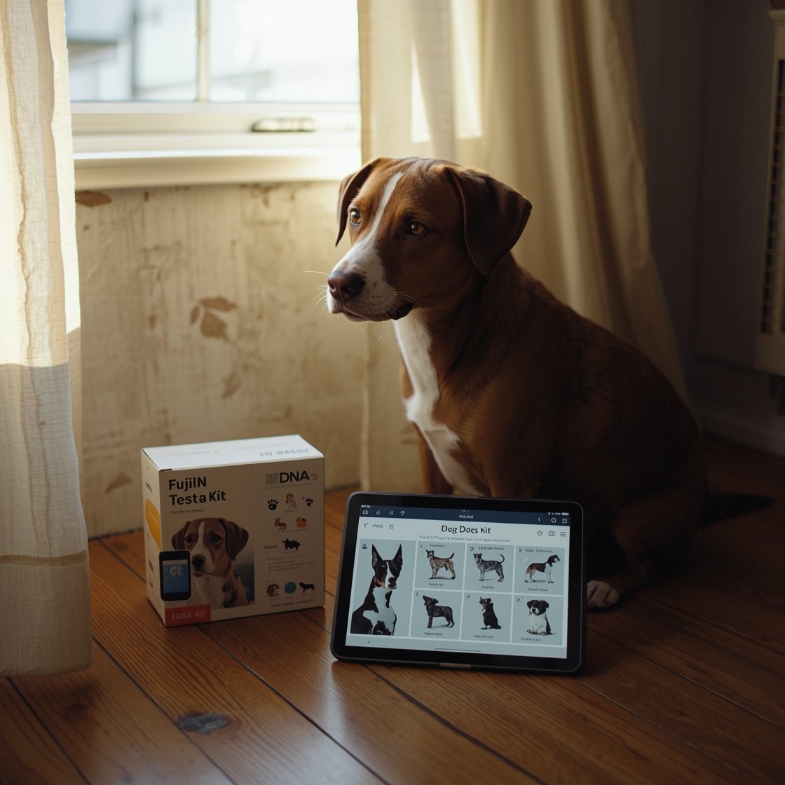 A mixed-breed dog beside a DNA test kit and breed chart