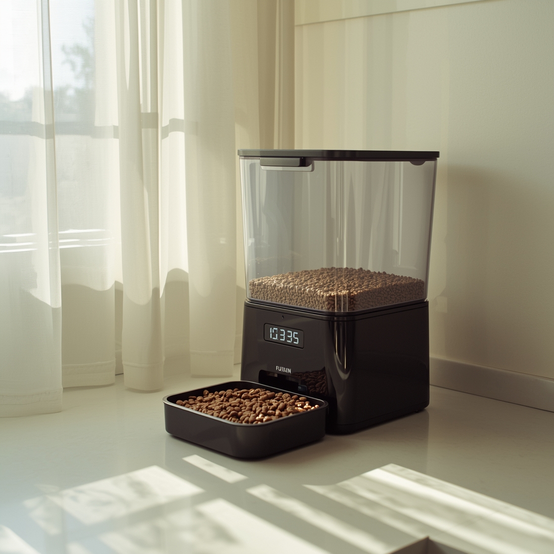 Automatic cat feeder timer on kitchen counter beside window