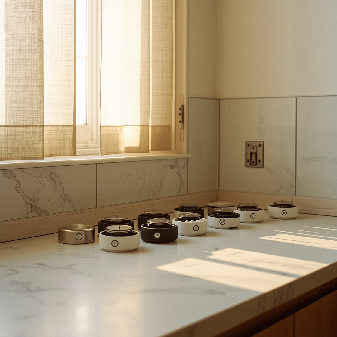 Various cat feeder timers on a kitchen countertop for portion control