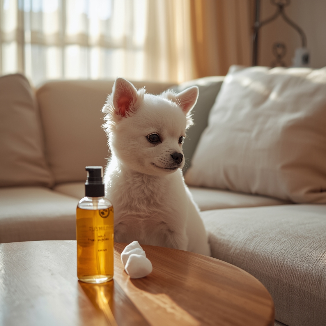 Fluffy white dog with itchy ear and ear cleaning solution