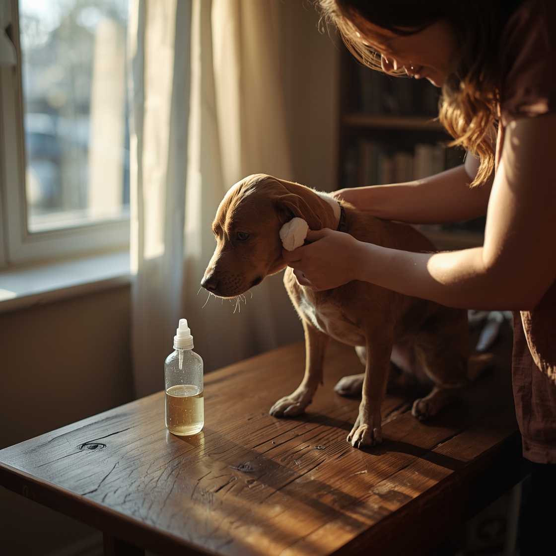 Pet owner cleaning dog's ears with cotton ball and solution