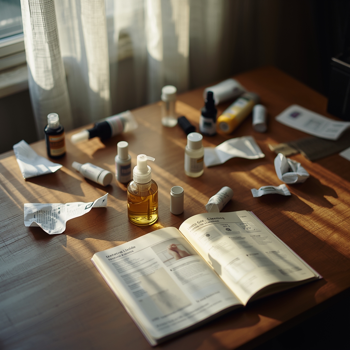 Cluttered desk with dog ear cleaning solution bottles and paperwork