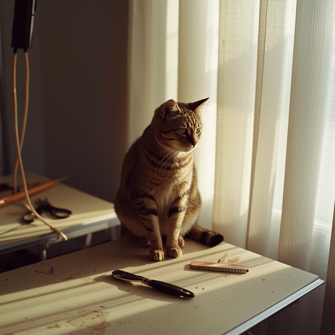 Tabby cat on a grooming table surrounded by tools