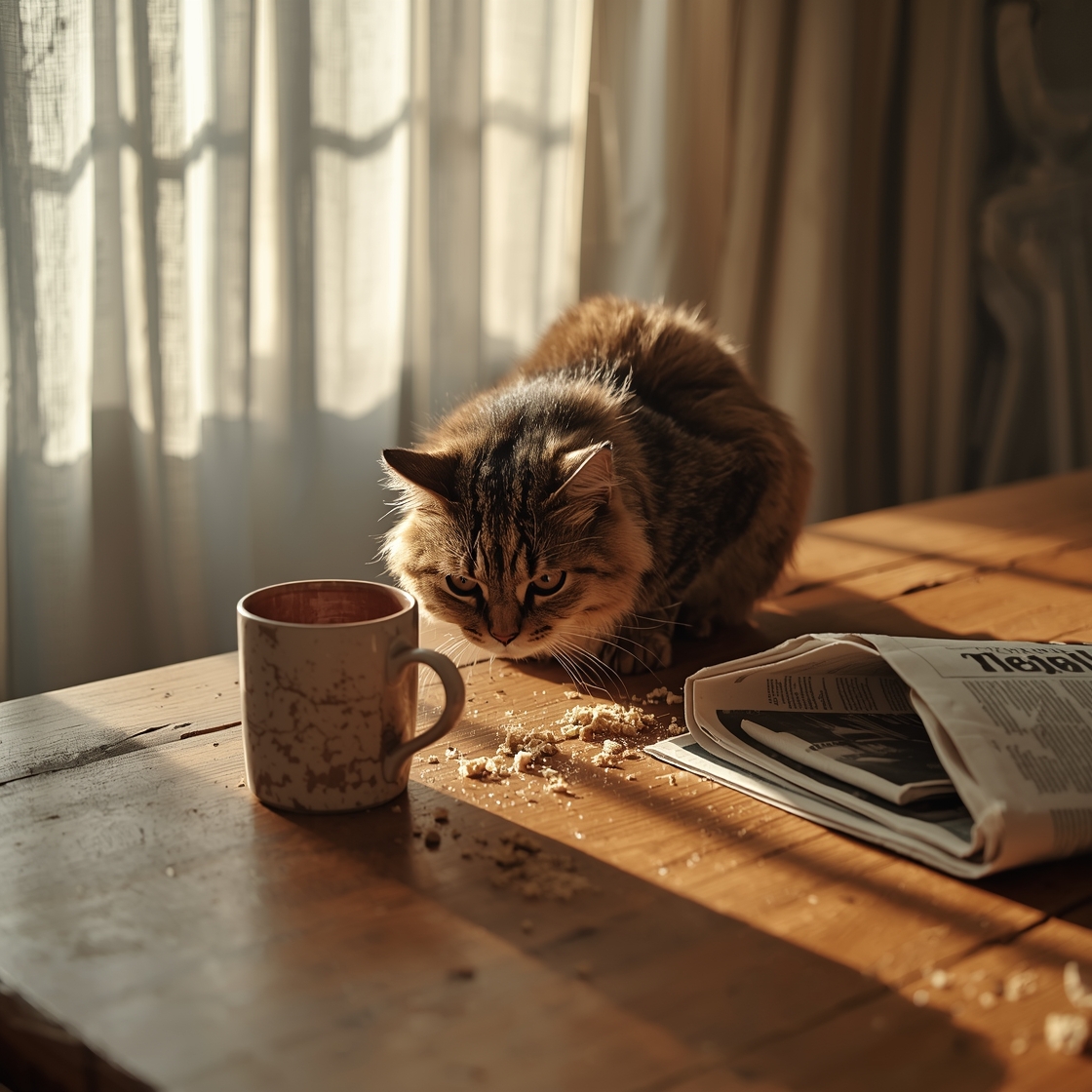 A stressed tabby cat trying to escape grooming on a farmhouse table